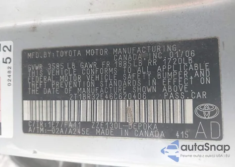 2006 Toyota Corolla Ce из США, поврежденный, VIN 2T1BR32E46C620406